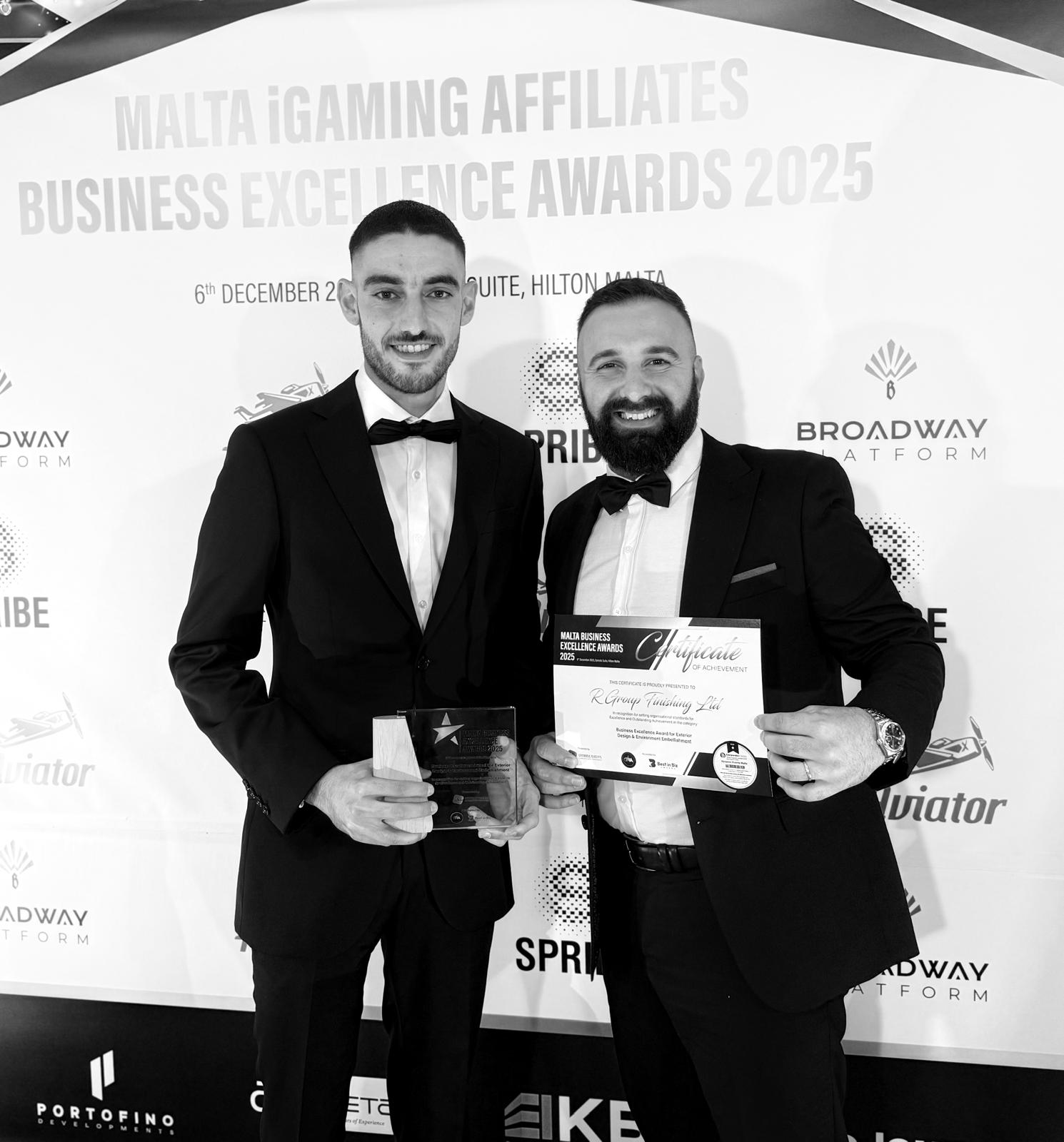 R Group Finishing directors receiving the Business Excellence Award at Hilton Malta, December 2025