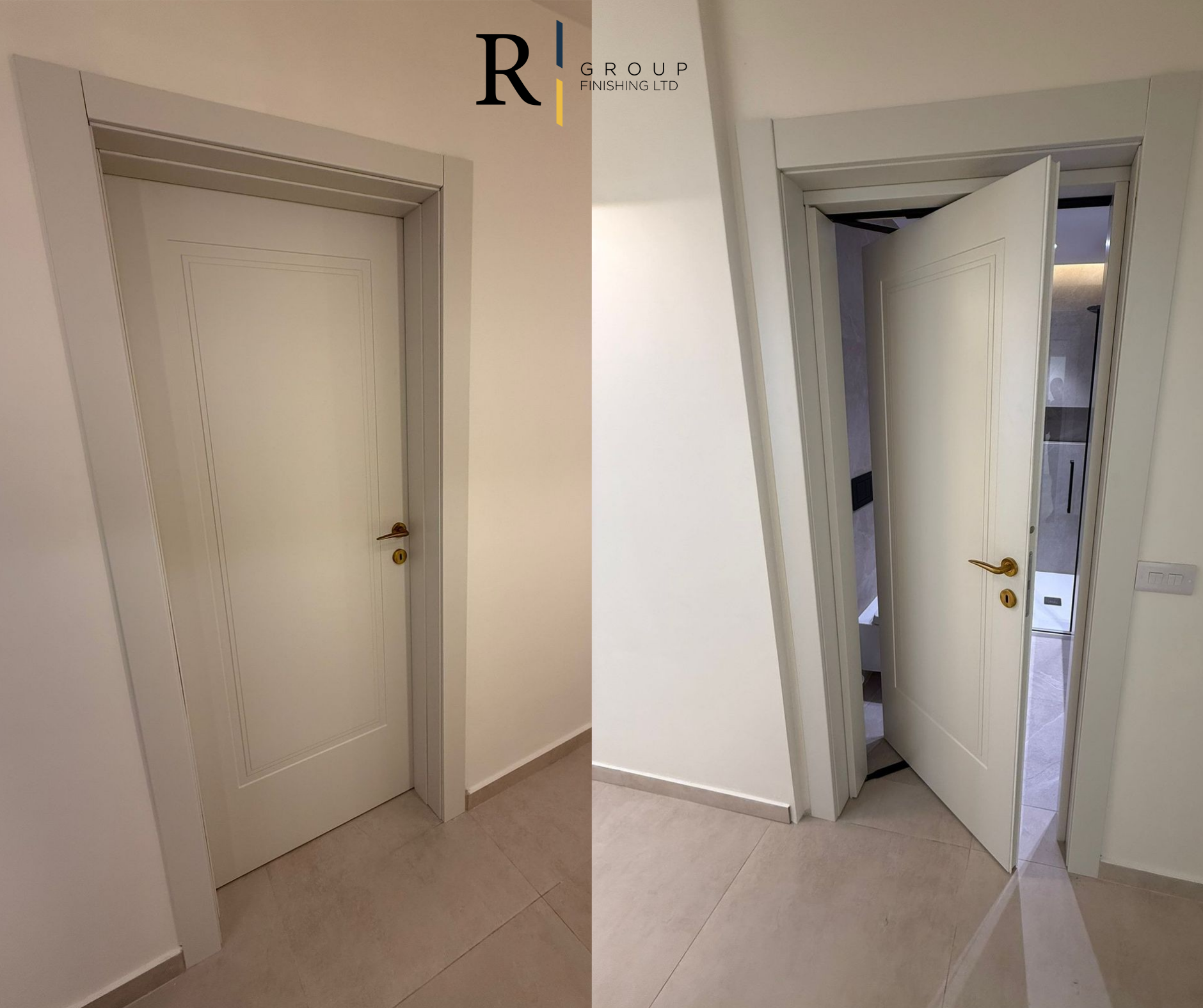 White lacquered internal doors with gold lever handles installed by R Group Finishing, Malta