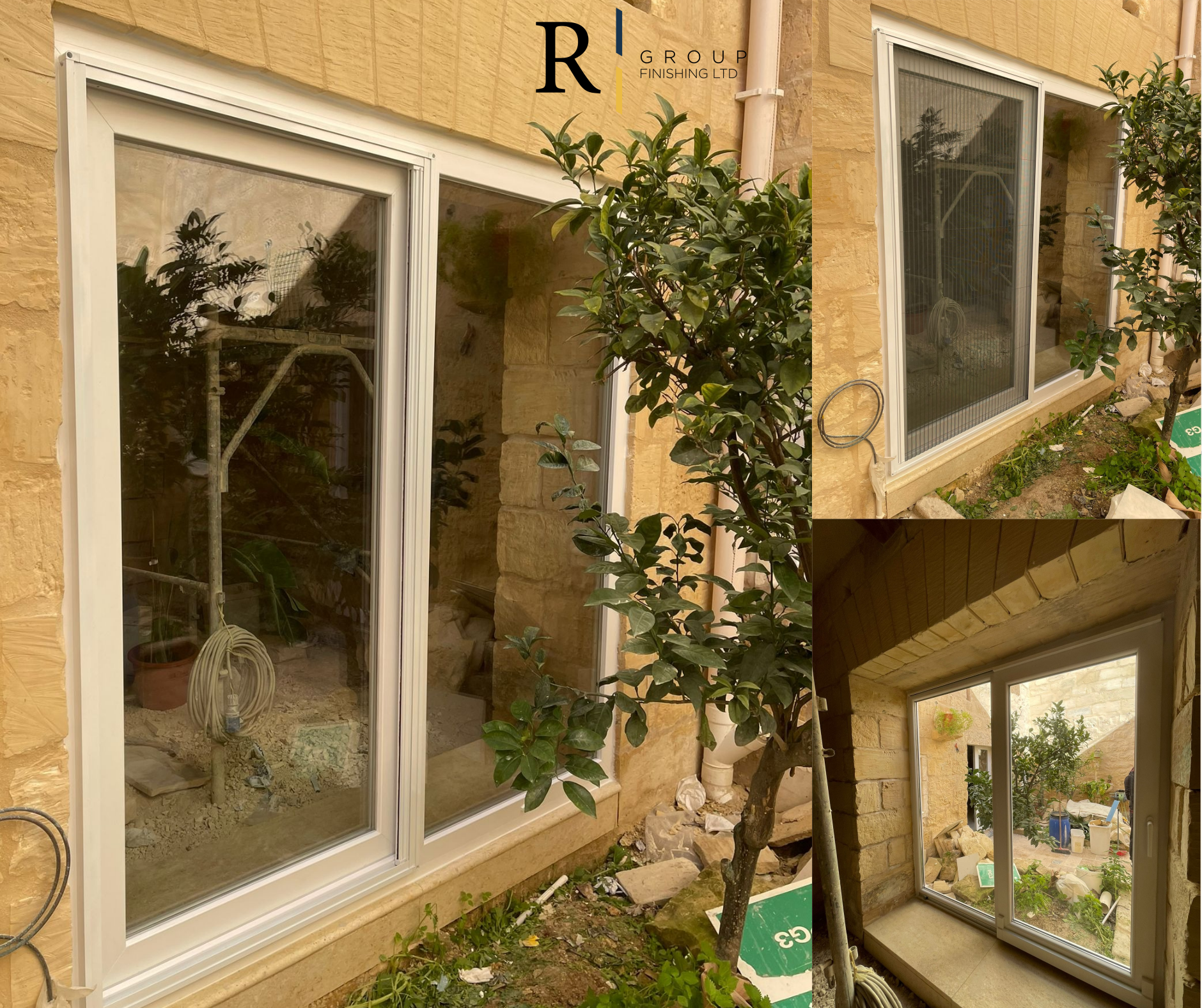 White aluminium sliding windows installed in Maltese limestone property by R Group