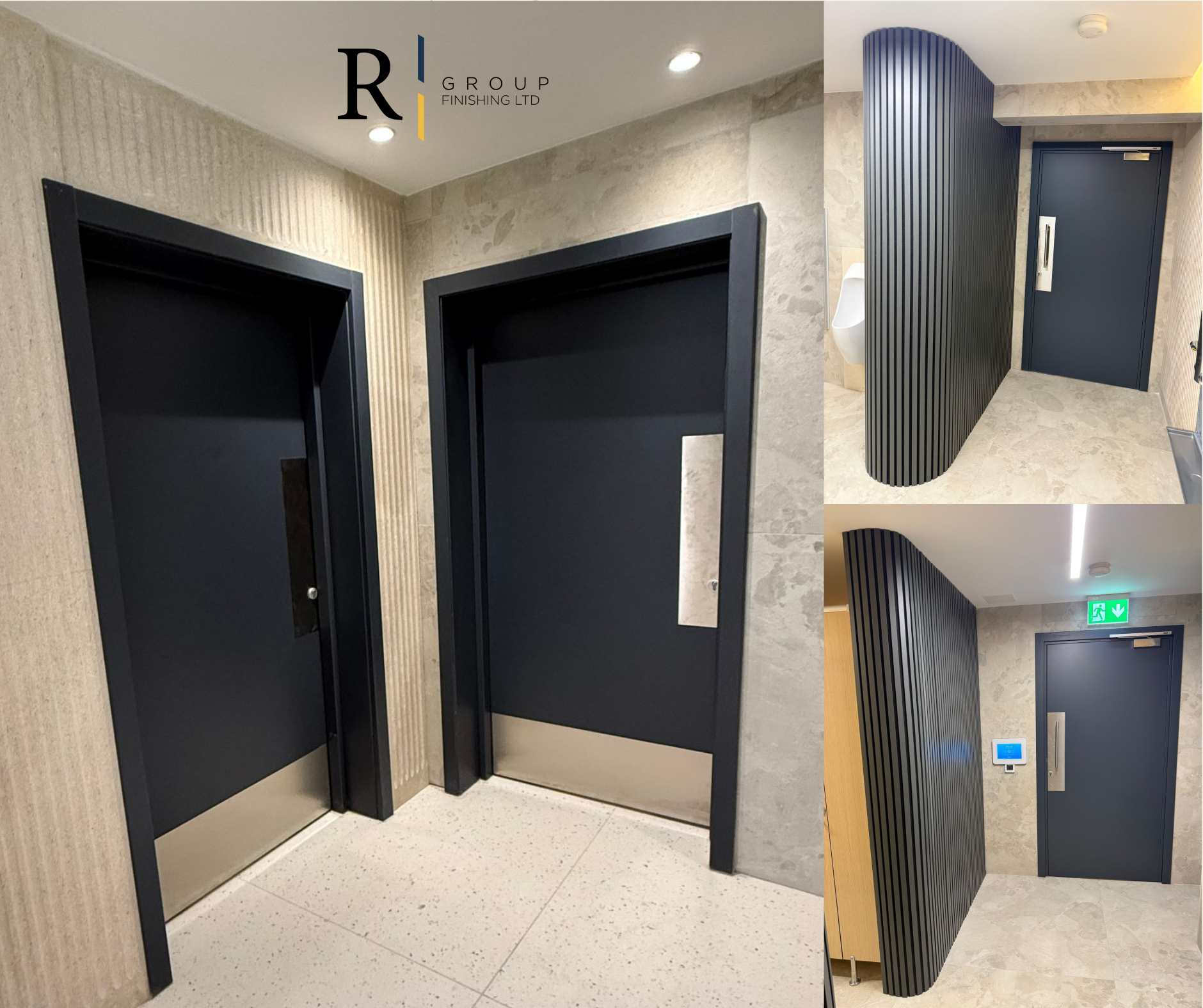Anthracite steel doors with fluted wall panelling in hotel installation by R Group Finishing