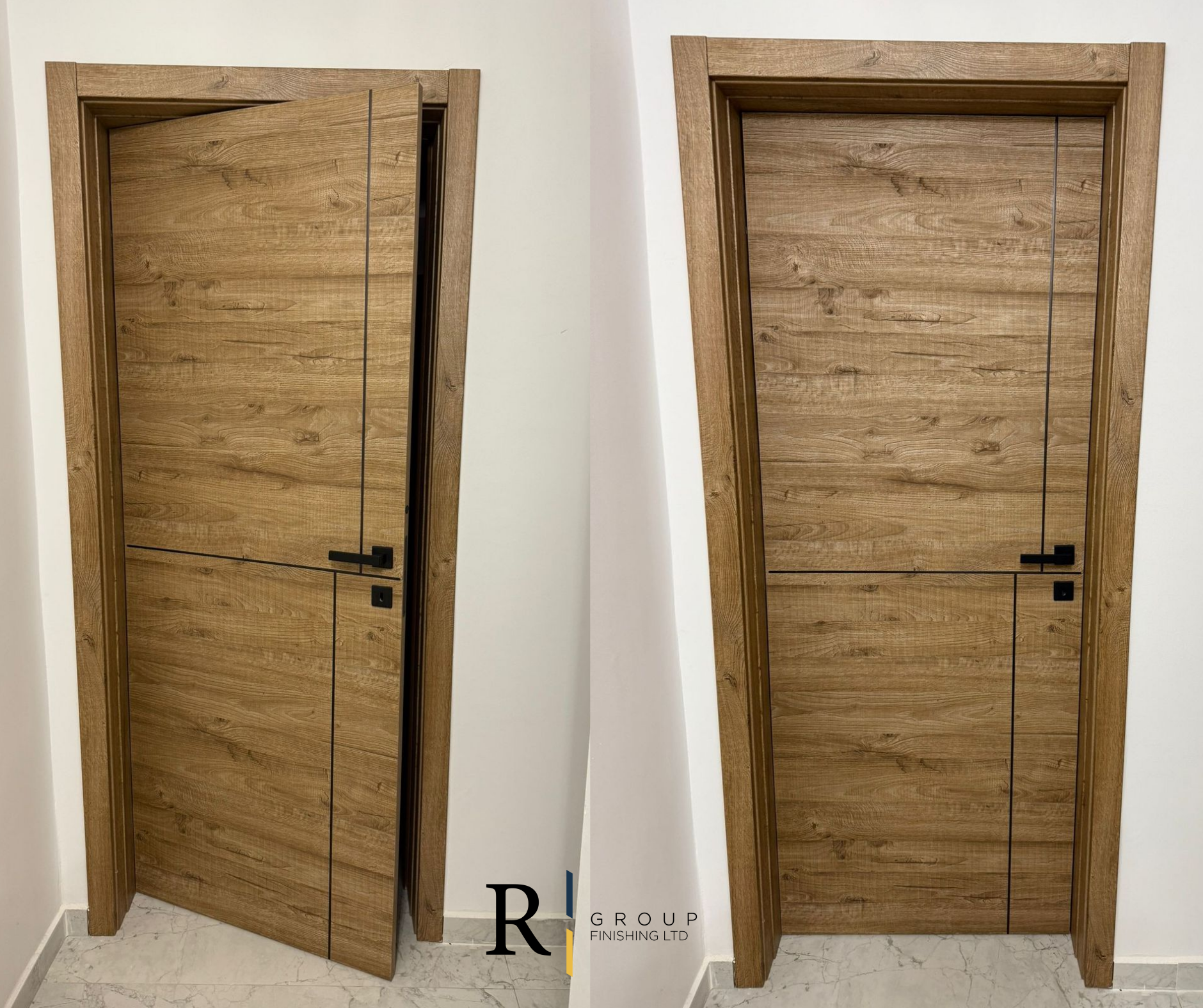 Natural oak grain internal doors before and after installation by R Group Finishing
