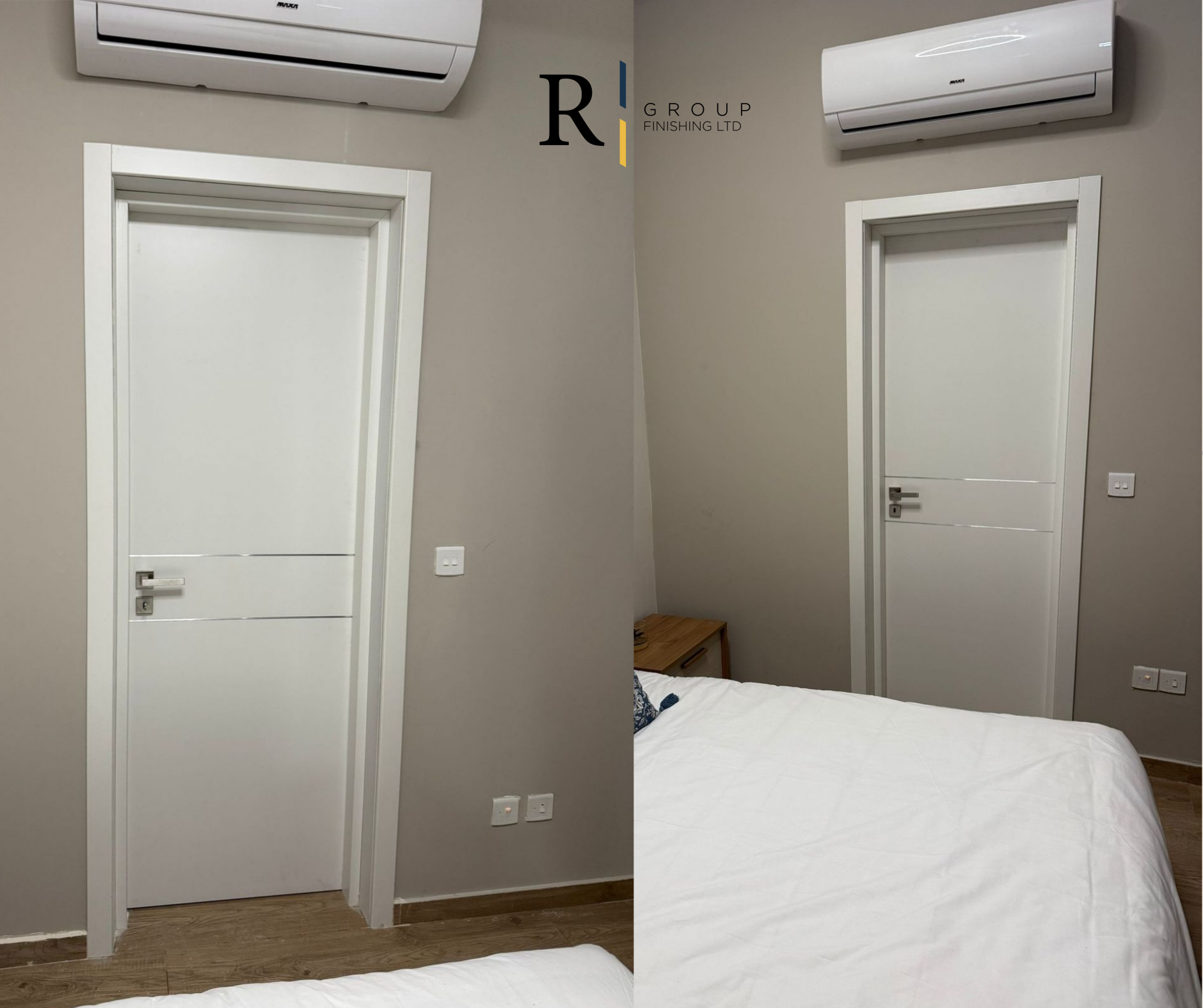 White lacquered bedroom doors with groove detail fitted by R Group Finishing
