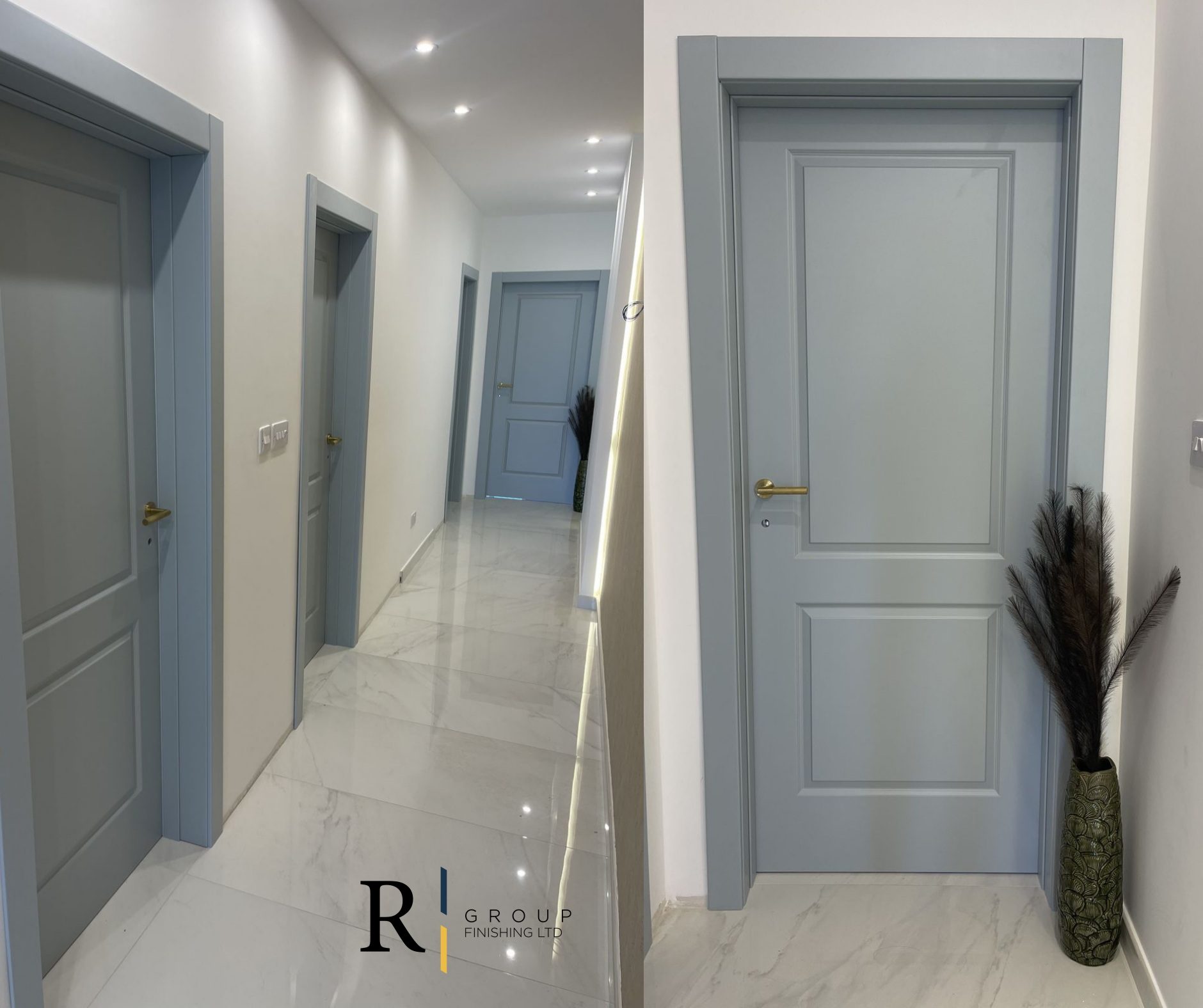 French grey lacquered corridor doors with gold lever handles installed by R Group Finishing